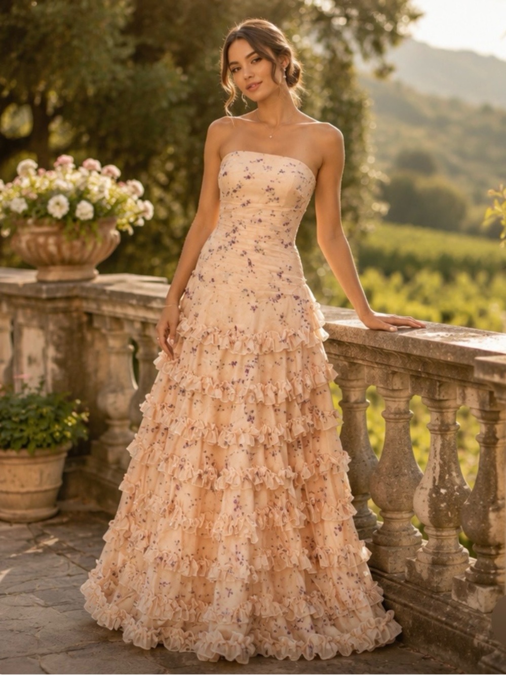 Peach Floral Strapless Ruffle Maxi Dress